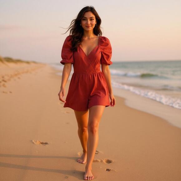 Womens Linen Blend Romper Size S Red Puff Sleeve Romantic Beachy Event Travel - Picture 1 of 11